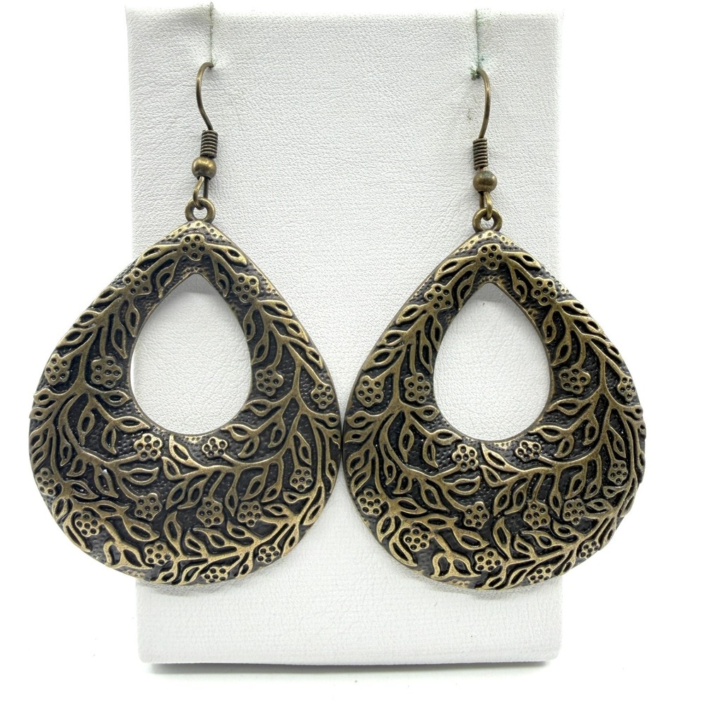 Antique Bronze Filigree Teardrop Dangle Earrings Floral Cutout Statement